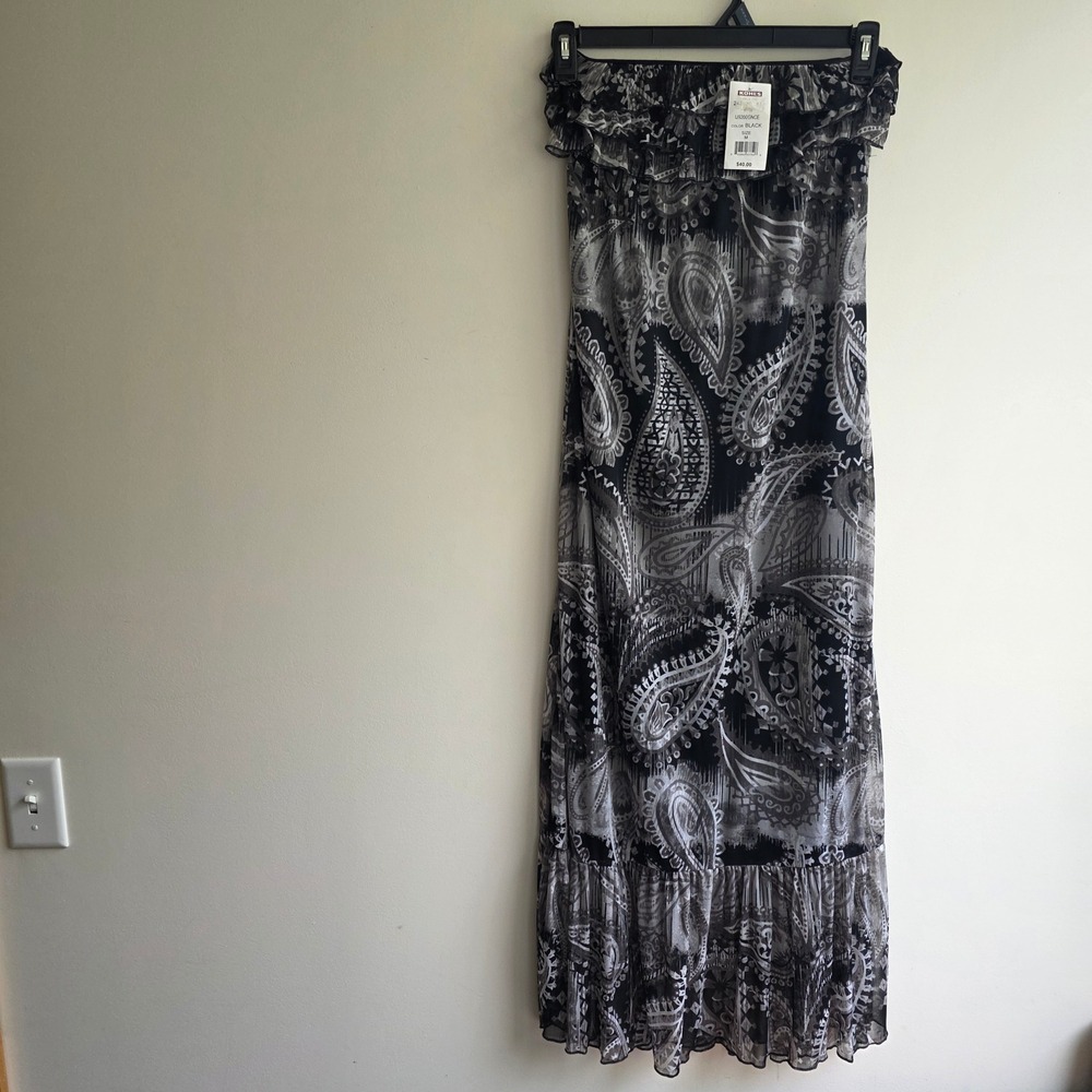 Y2K Babydoll Paisley Strapless Maxi Dress Black Deadstock Ruffle Whimsigoth Med
